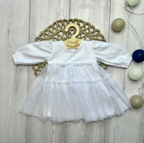 Сукня дитяча Mamatti SZ350 бавовняна з тюлем, довгий рукав – біла