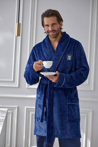 L&L Elegant 2664 чоловічий короткий вафельний халат м’який з коміром navy
