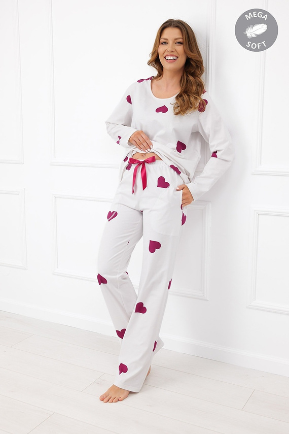 Italian Fashion Kioga Піжама жіноча Mega Soft довга екрю з бордовими серцями