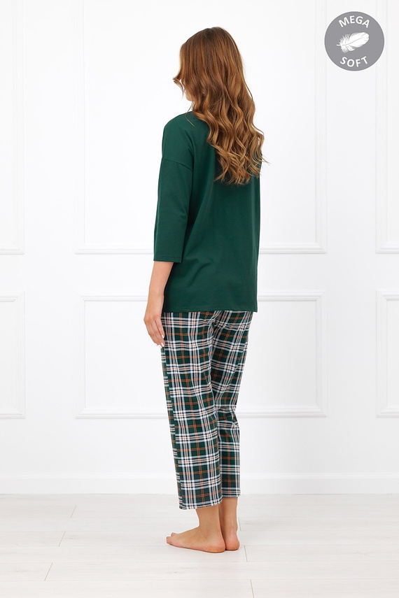 Піжама жіноча Italian Fashion Arwena, бавовняна, рукав 3/4, штани 7/8 у клітинку, зелена